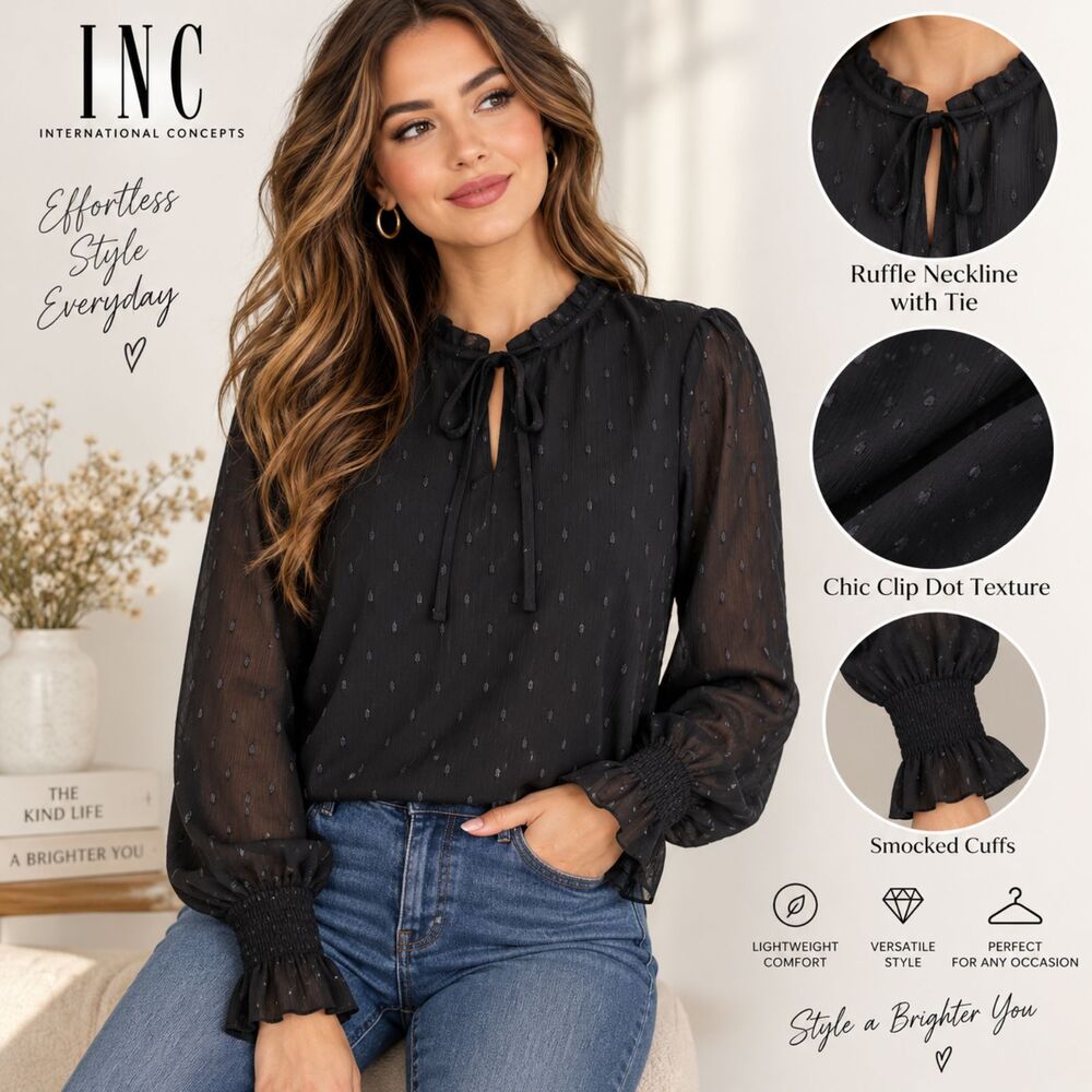 INC International Concepts Blouse L Black Metallic Clip Dot Ruffle Sheer Top